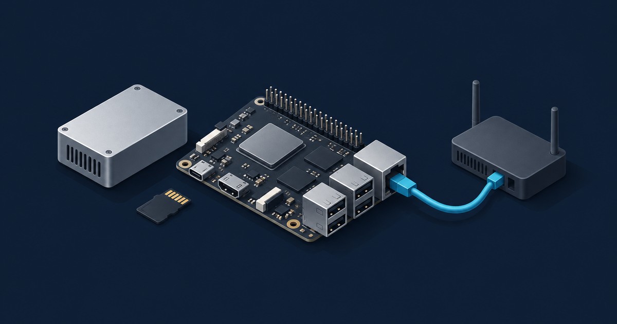 Isometric single-board computer with USB, HDMI and Ethernet ports cabled to a home router, beside a metal case and microSD card for a Pi-hole setup.